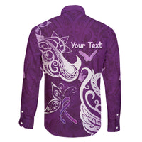 Personalised Fibromyalgia Awareness Family Matching Off Shoulder Short Dress and Hawaiian Shirt Polynesian Purple Ribbon