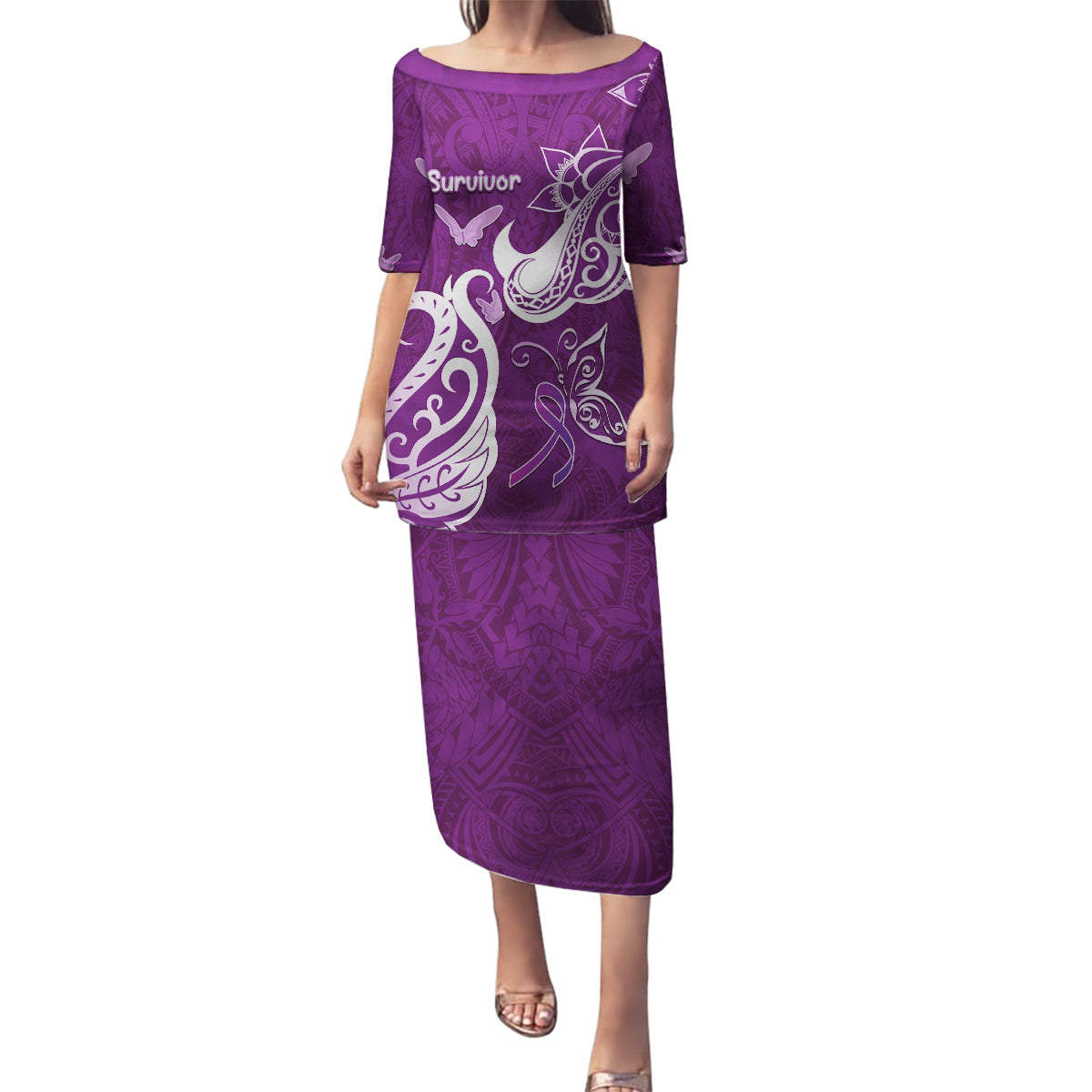 Personalised Fibromyalgia Awareness Family Matching Puletasi and Hawaiian Shirt Polynesian Purple Ribbon