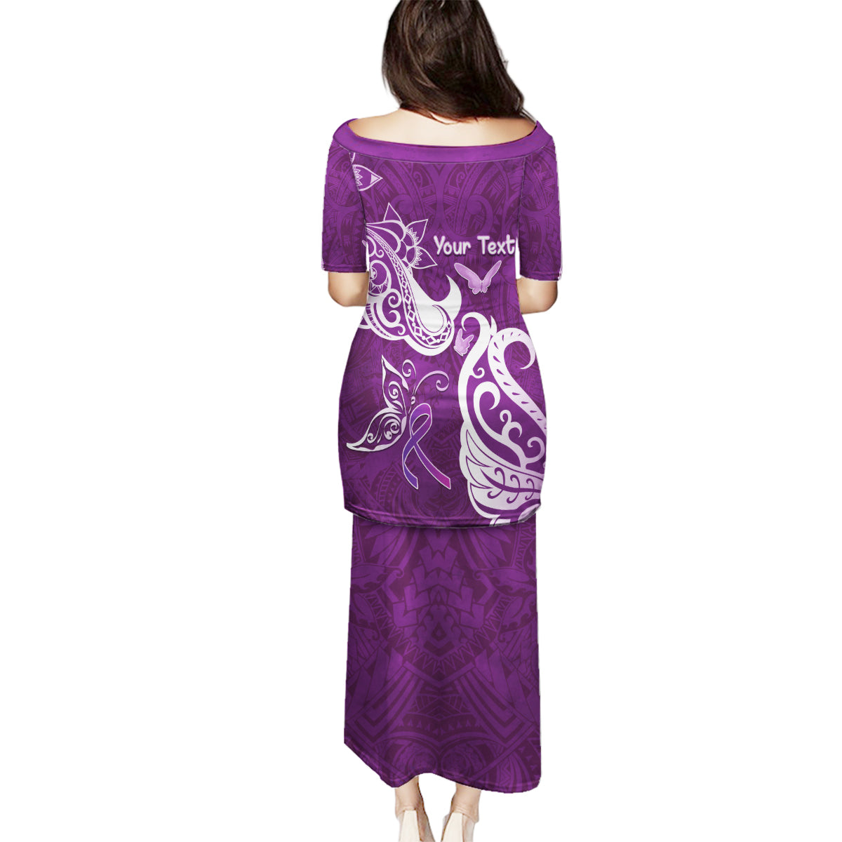 Personalised Fibromyalgia Awareness Family Matching Puletasi and Hawaiian Shirt Polynesian Purple Ribbon