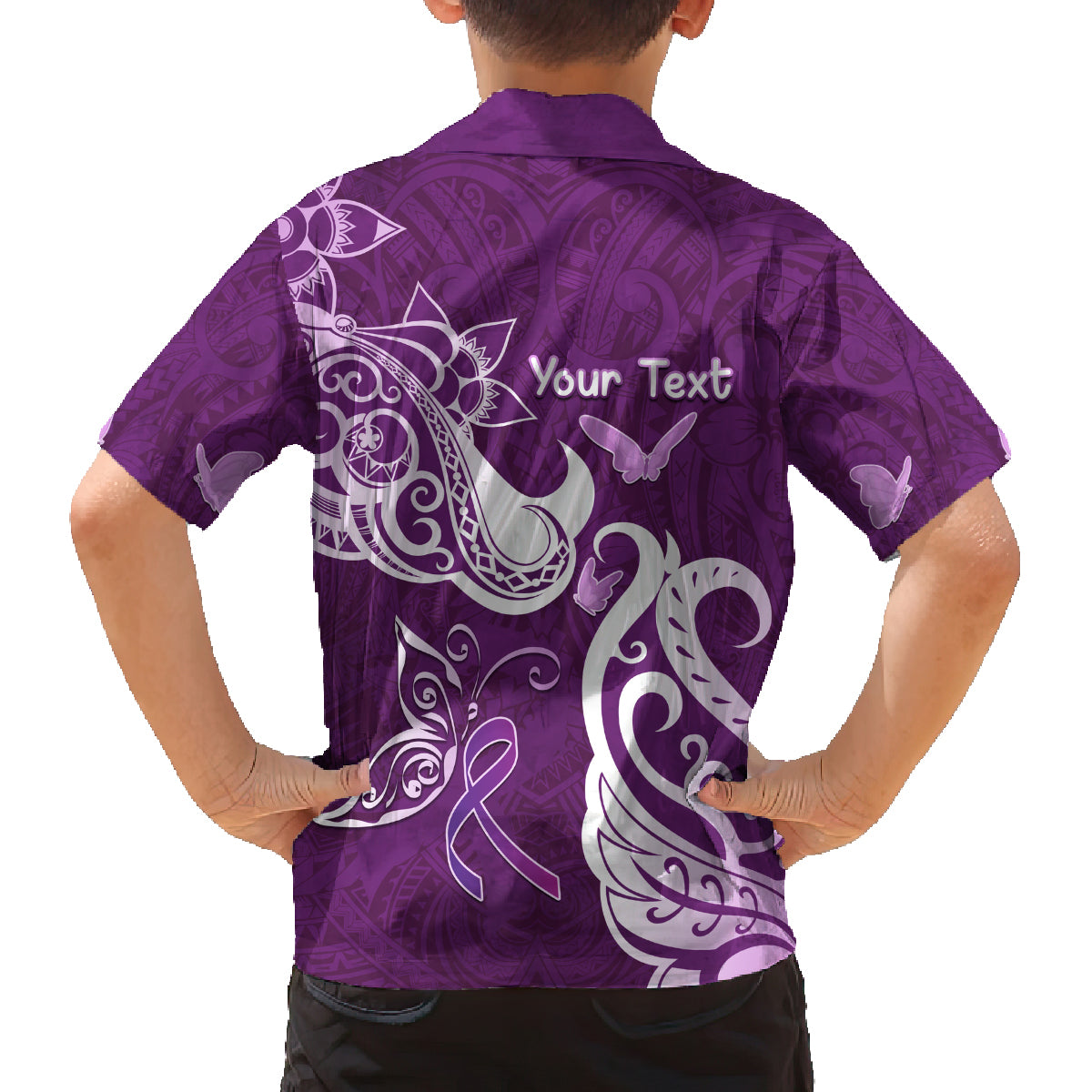Personalised Fibromyalgia Awareness Family Matching Tank Maxi Dress and Hawaiian Shirt Polynesian Purple Ribbon