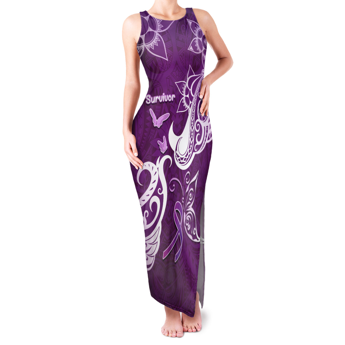 Personalised Fibromyalgia Awareness Family Matching Tank Maxi Dress and Hawaiian Shirt Polynesian Purple Ribbon