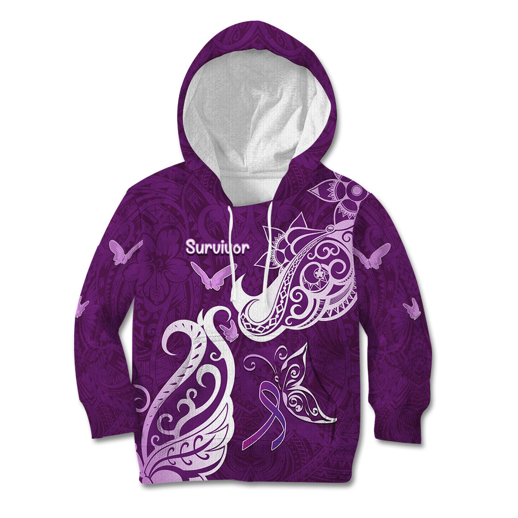 Personalised Fibromyalgia Awareness Kid Hoodie Polynesian Purple Ribbon