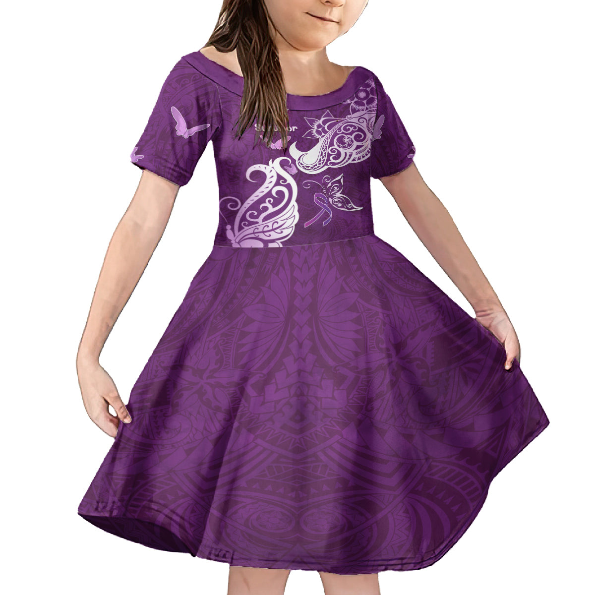 Personalised Fibromyalgia Awareness Kid Short Sleeve Dress Polynesian Purple Ribbon