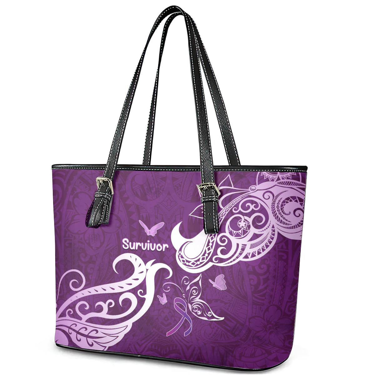 Fibromyalgia Awareness Leather Tote Bag Polynesian Purple Ribbon