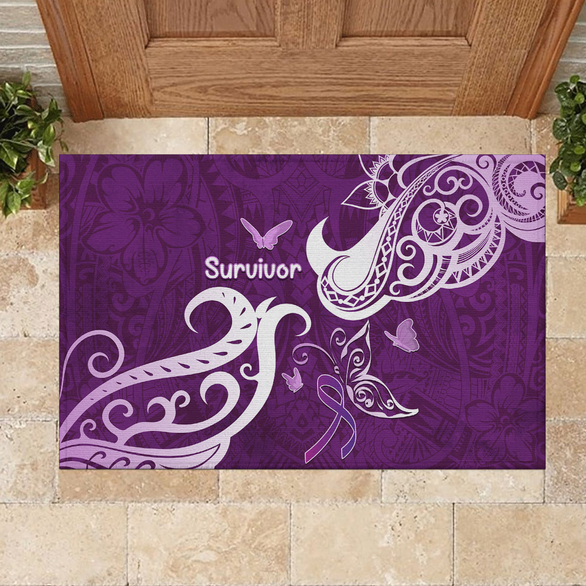 Fibromyalgia Awareness Rubber Doormat Polynesian Purple Ribbon
