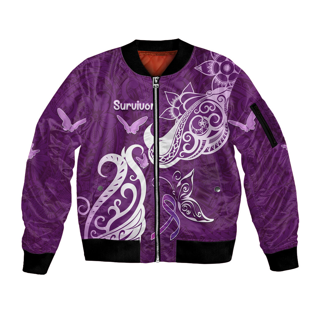 Personalised Fibromyalgia Awareness Sleeve Zip Bomber Jacket Polynesian Purple Ribbon