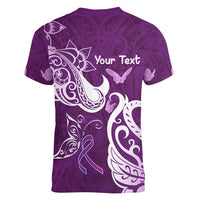 Personalised Fibromyalgia Awareness Women V-Neck T-Shirt Polynesian Purple Ribbon