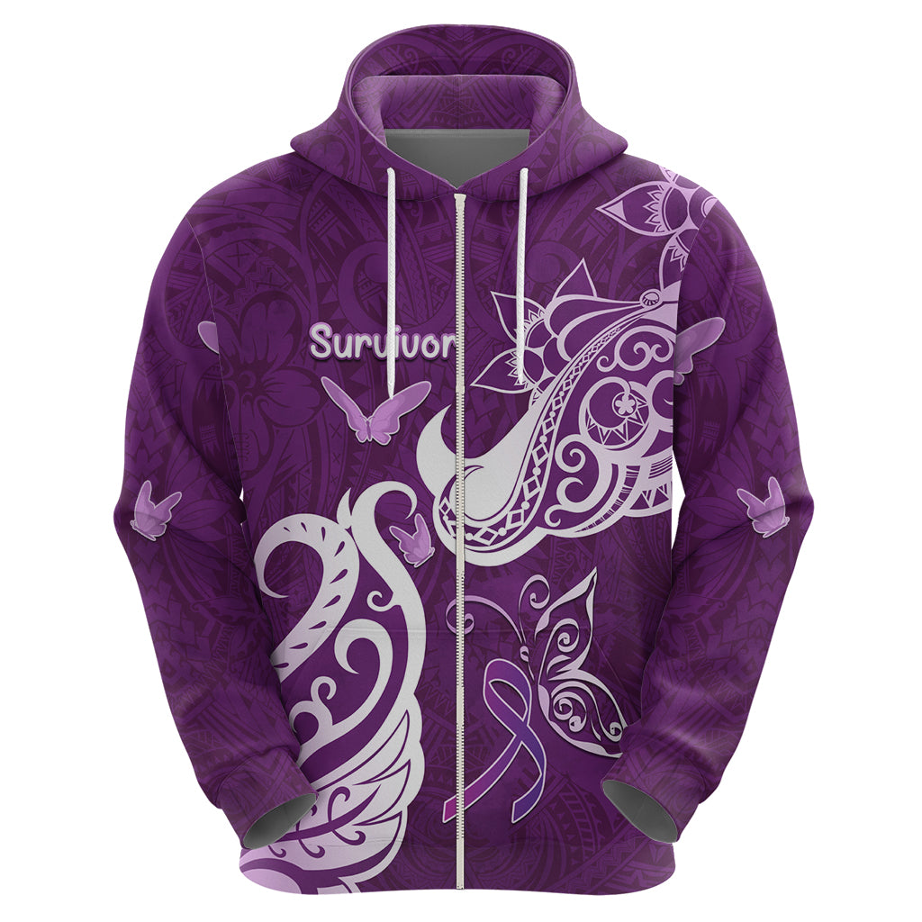 Personalised Fibromyalgia Awareness Zip Hoodie Polynesian Purple Ribbon