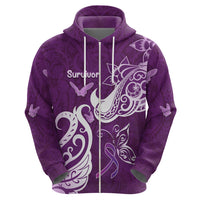 Personalised Fibromyalgia Awareness Zip Hoodie Polynesian Purple Ribbon