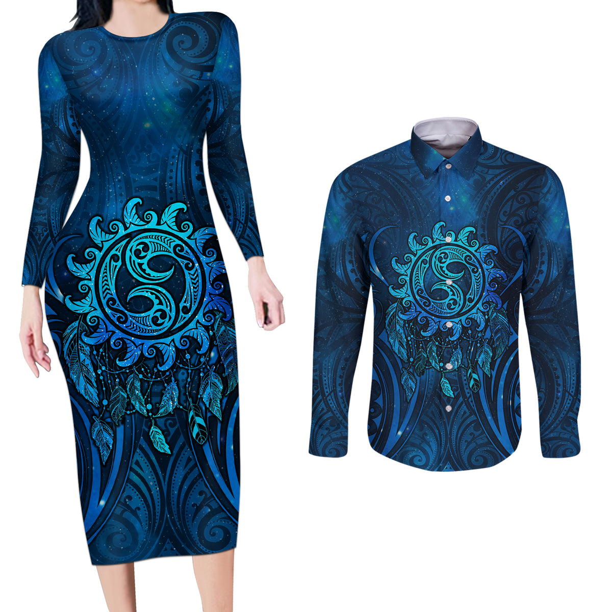 New Zealand Dream Catcher Couples Matching Long Sleeve Bodycon Dress and Long Sleeve Button Shirt Maori Koru Pattern Blue Version