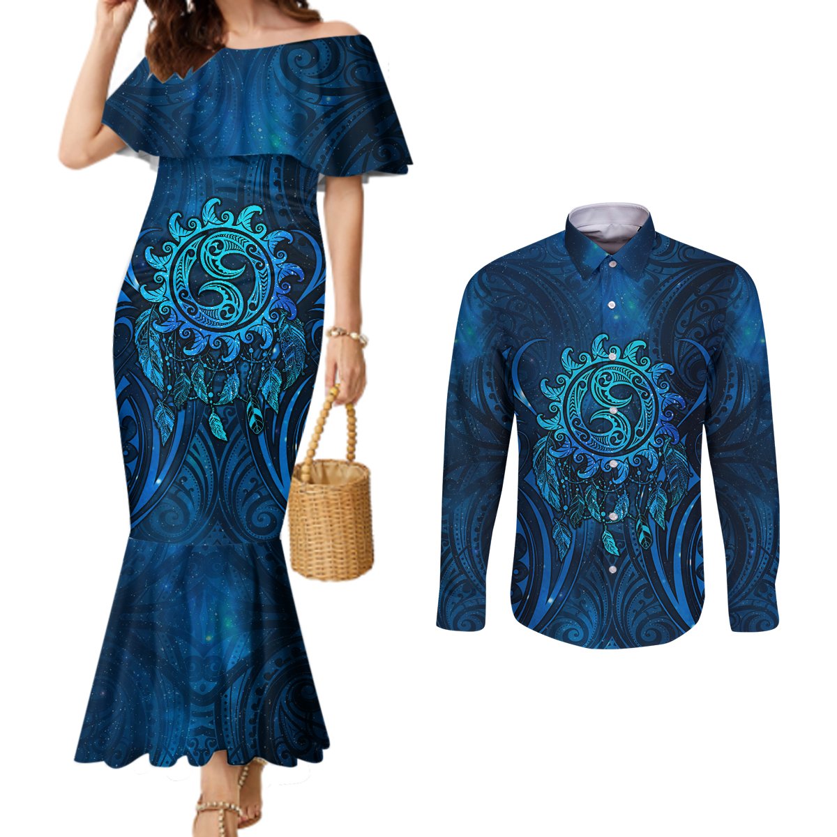 New Zealand Dream Catcher Couples Matching Mermaid Dress and Long Sleeve Button Shirt Maori Koru Pattern Blue Version