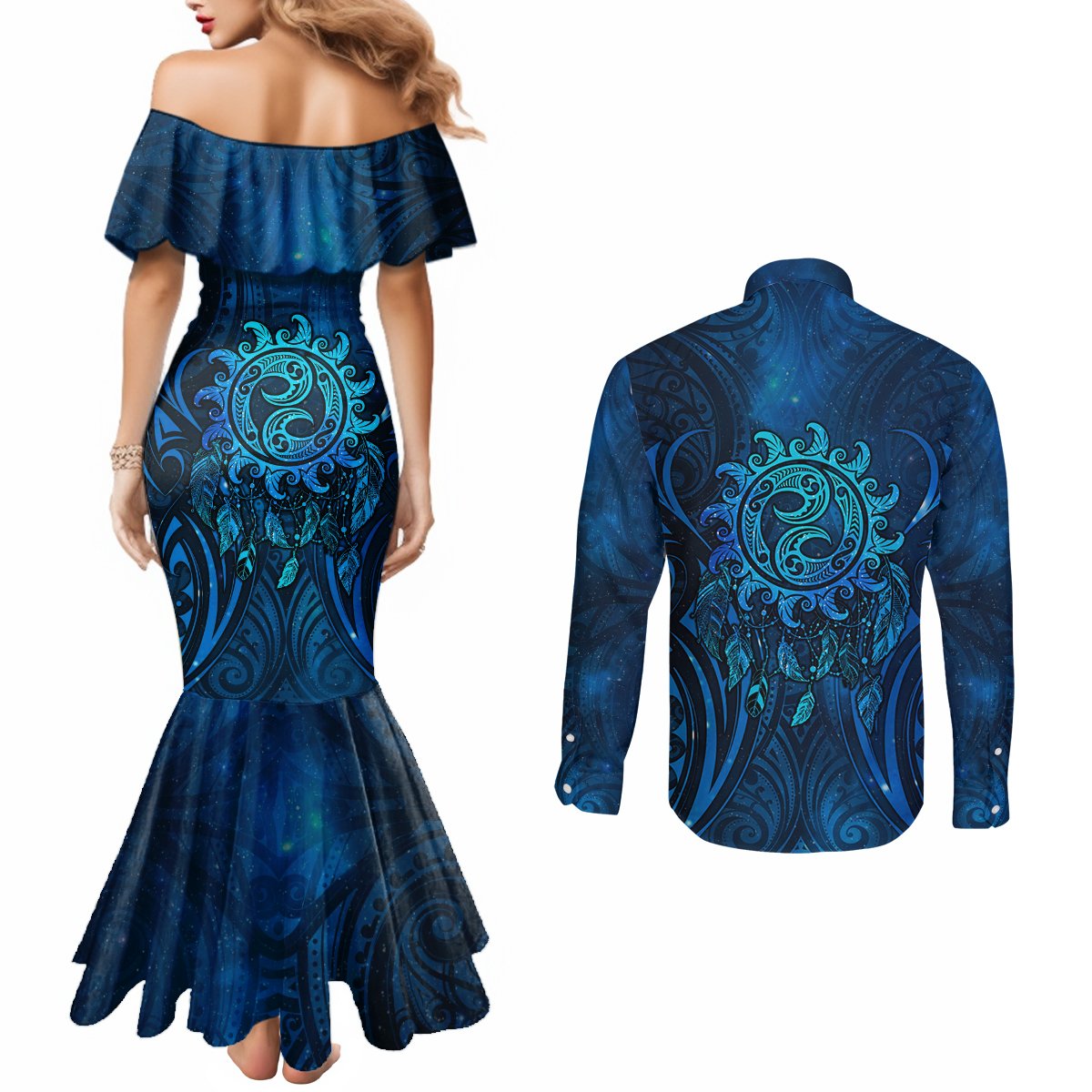 New Zealand Dream Catcher Couples Matching Mermaid Dress and Long Sleeve Button Shirt Maori Koru Pattern Blue Version