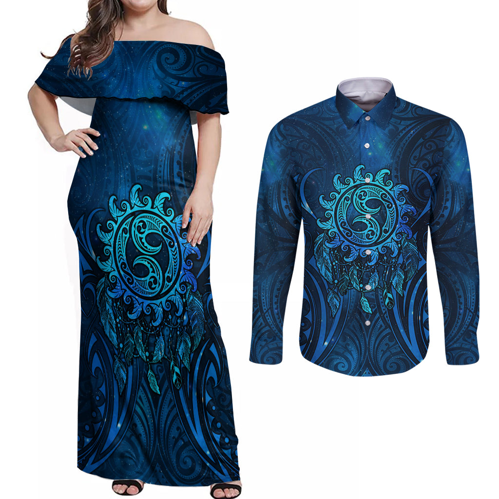 New Zealand Dream Catcher Couples Matching Off Shoulder Maxi Dress and Long Sleeve Button Shirt Maori Koru Pattern Blue Version LT05 Blue - Polynesian Pride