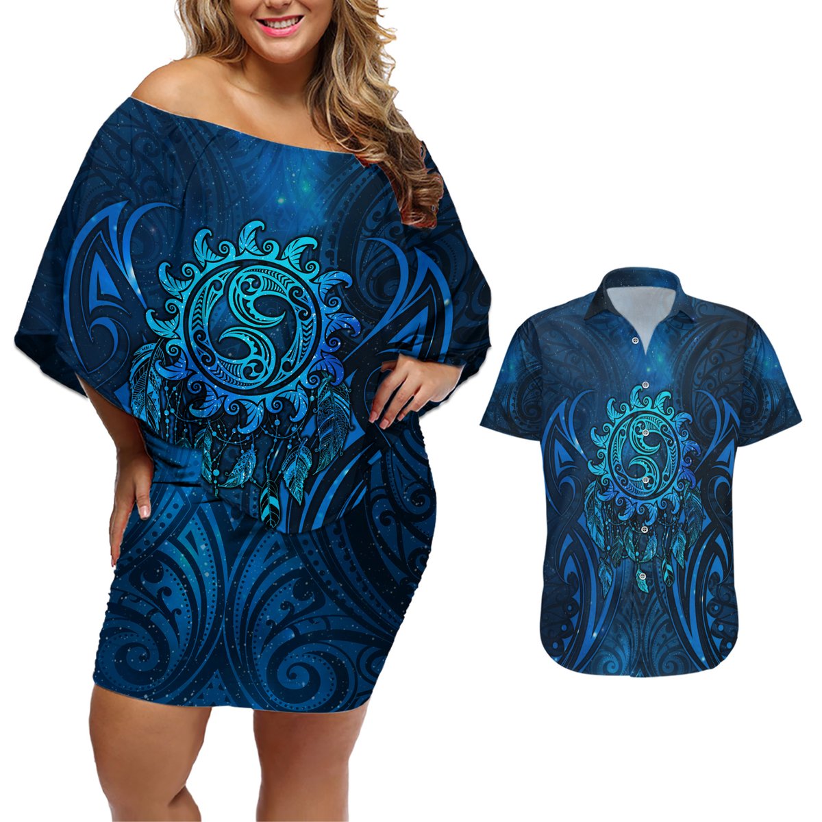 New Zealand Dream Catcher Couples Matching Off Shoulder Short Dress and Hawaiian Shirt Maori Koru Pattern Blue Version