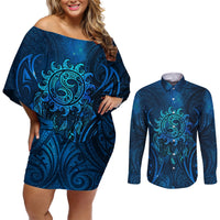 New Zealand Dream Catcher Couples Matching Off Shoulder Short Dress and Long Sleeve Button Shirt Maori Koru Pattern Blue Version