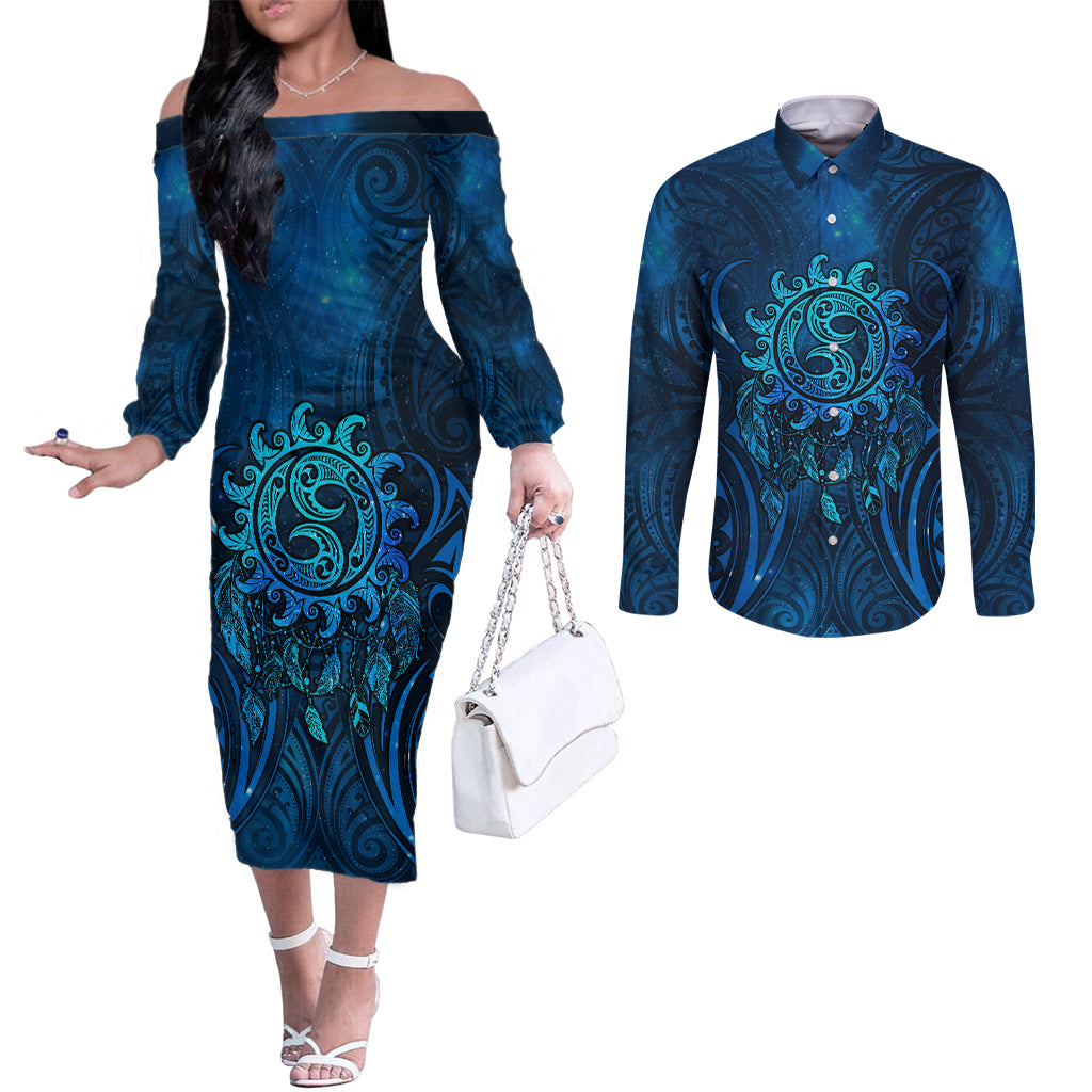New Zealand Dream Catcher Couples Matching Off The Shoulder Long Sleeve Dress and Long Sleeve Button Shirt Maori Koru Pattern Blue Version