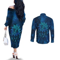 New Zealand Dream Catcher Couples Matching Off The Shoulder Long Sleeve Dress and Long Sleeve Button Shirt Maori Koru Pattern Blue Version