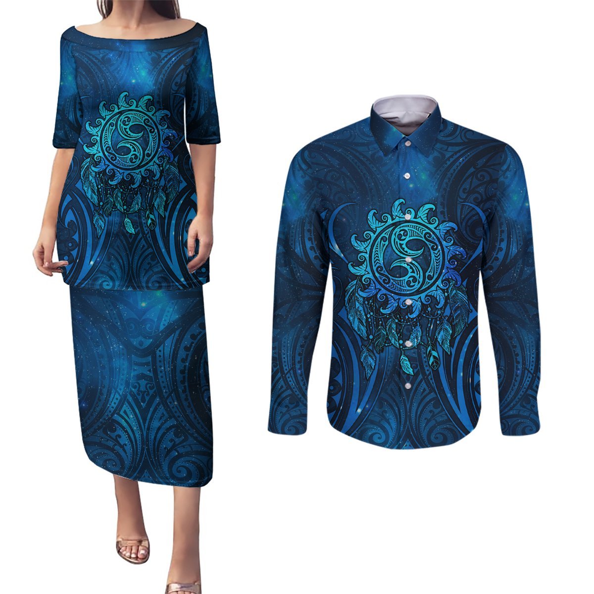 New Zealand Dream Catcher Couples Matching Puletasi and Long Sleeve Button Shirt Maori Koru Pattern Blue Version LT05 Blue - Polynesian Pride