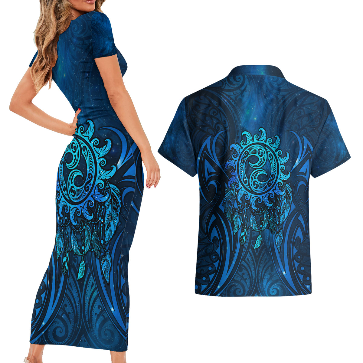 New Zealand Dream Catcher Couples Matching Short Sleeve Bodycon Dress and Hawaiian Shirt Maori Koru Pattern Blue Version