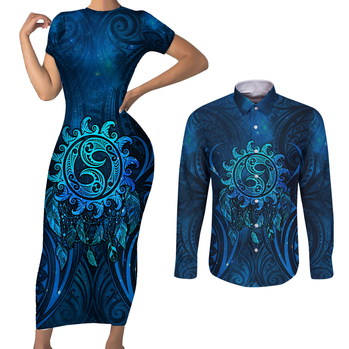 New Zealand Dream Catcher Couples Matching Short Sleeve Bodycon Dress and Long Sleeve Button Shirt Maori Koru Pattern Blue Version