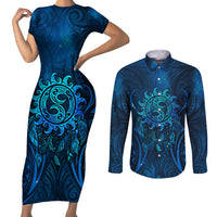 New Zealand Dream Catcher Couples Matching Short Sleeve Bodycon Dress and Long Sleeve Button Shirt Maori Koru Pattern Blue Version
