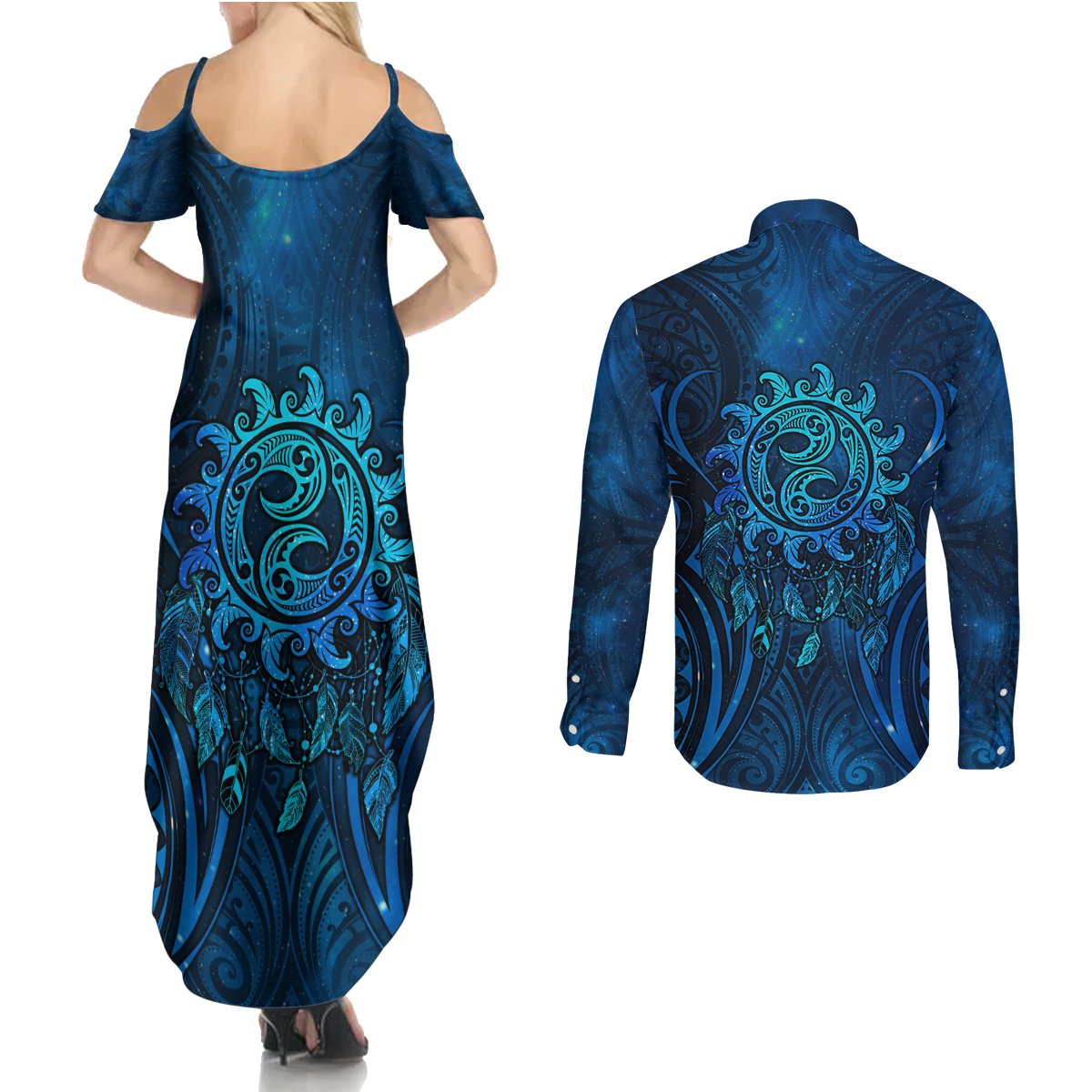 New Zealand Dream Catcher Couples Matching Summer Maxi Dress and Long Sleeve Button Shirt Maori Koru Pattern Blue Version