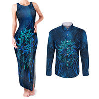 New Zealand Dream Catcher Couples Matching Tank Maxi Dress and Long Sleeve Button Shirt Maori Koru Pattern Blue Version LT05 Blue - Polynesian Pride