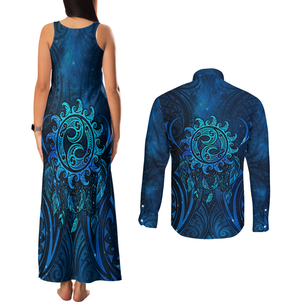 New Zealand Dream Catcher Couples Matching Tank Maxi Dress and Long Sleeve Button Shirt Maori Koru Pattern Blue Version LT05 - Polynesian Pride