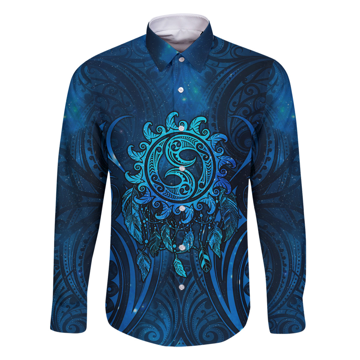 New Zealand Dream Catcher Family Matching Long Sleeve Bodycon Dress and Hawaiian Shirt Maori Koru Pattern Blue Version