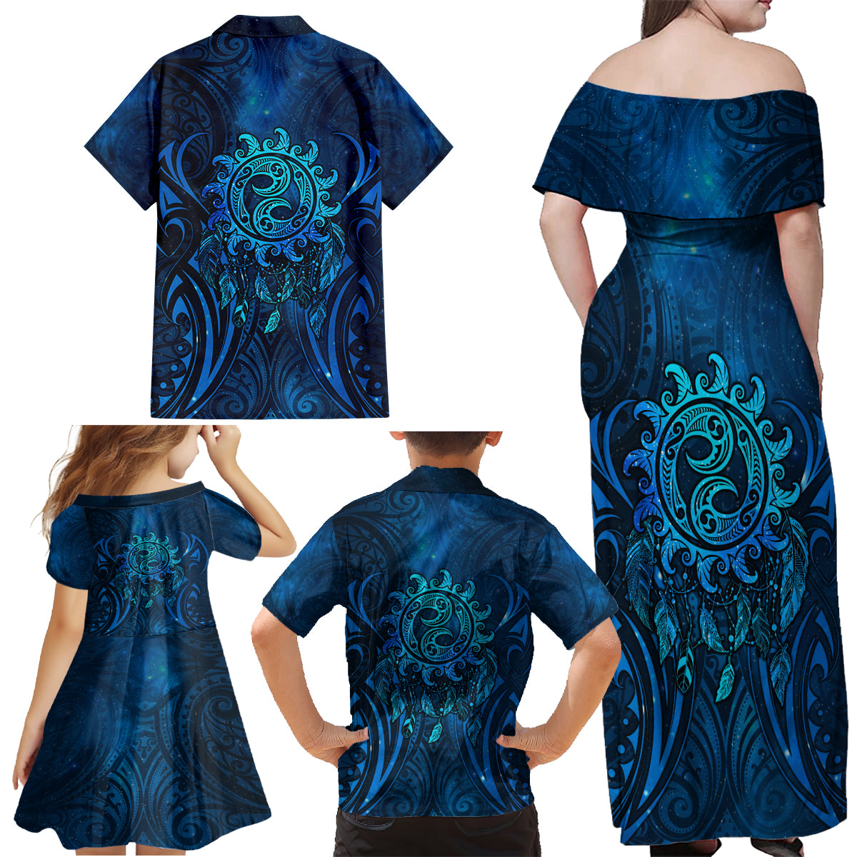 New Zealand Dream Catcher Family Matching Off Shoulder Maxi Dress and Hawaiian Shirt Maori Koru Pattern Blue Version
