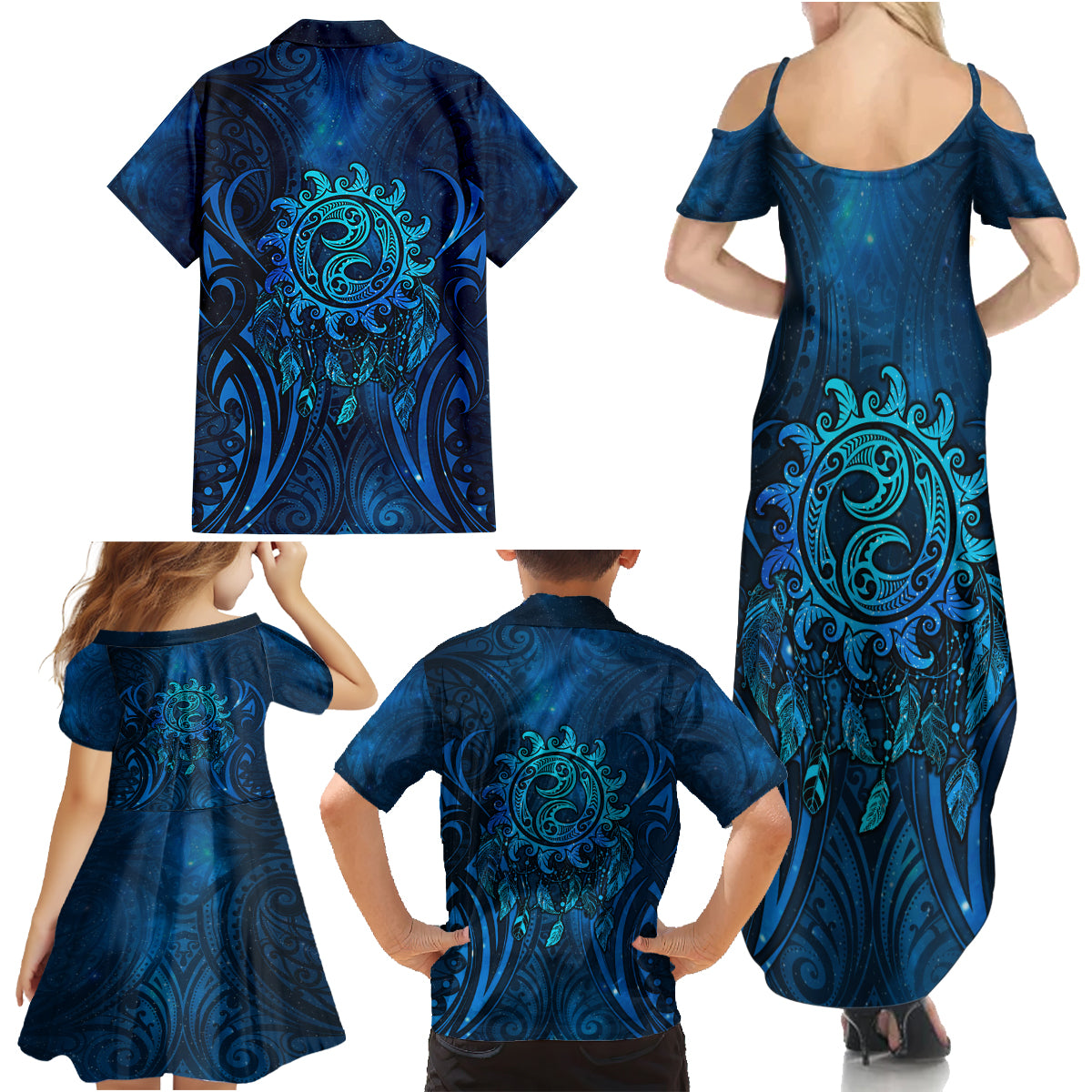 New Zealand Dream Catcher Family Matching Summer Maxi Dress and Hawaiian Shirt Maori Koru Pattern Blue Version