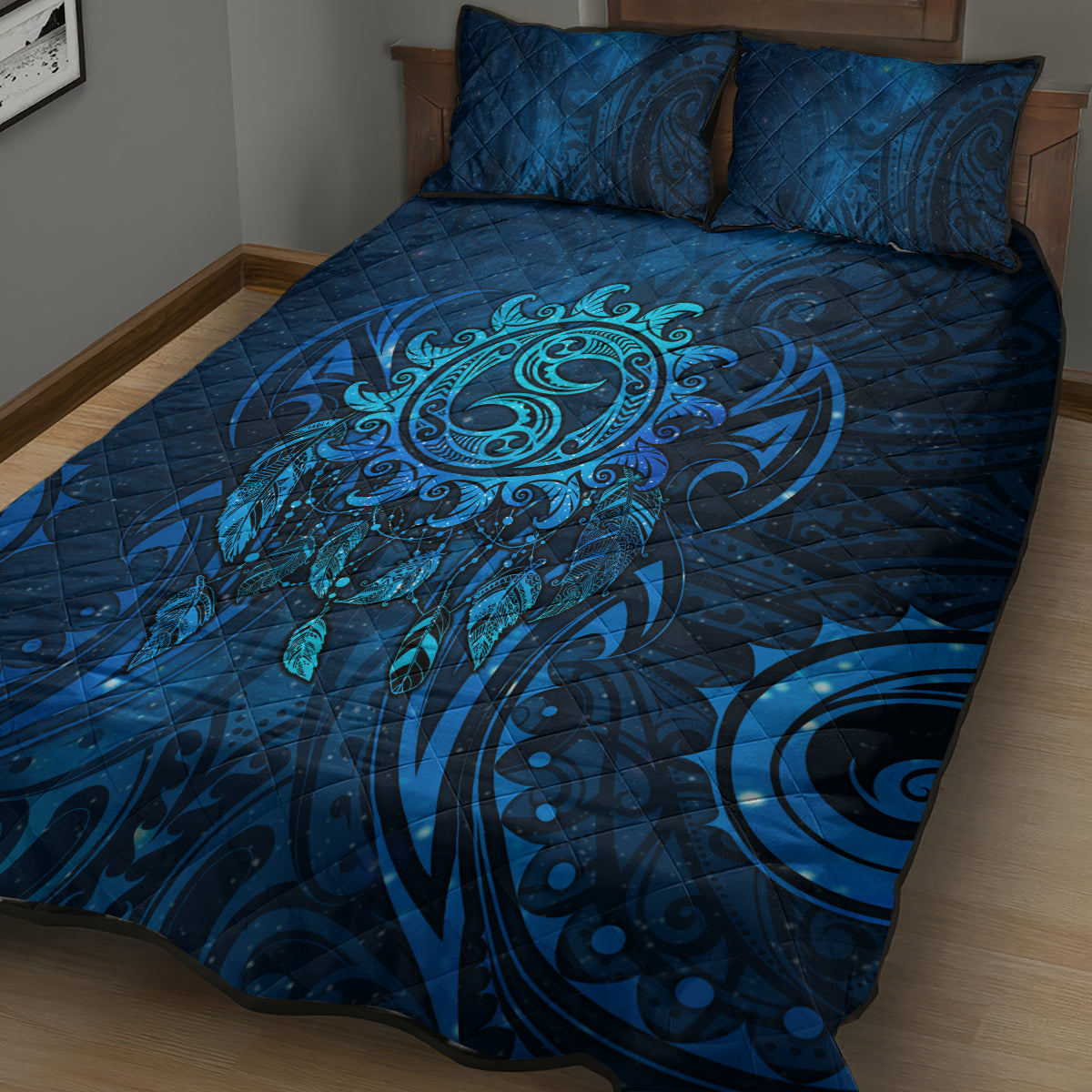New Zealand Dream Catcher Quilt Bed Set Maori Koru Pattern Blue Version