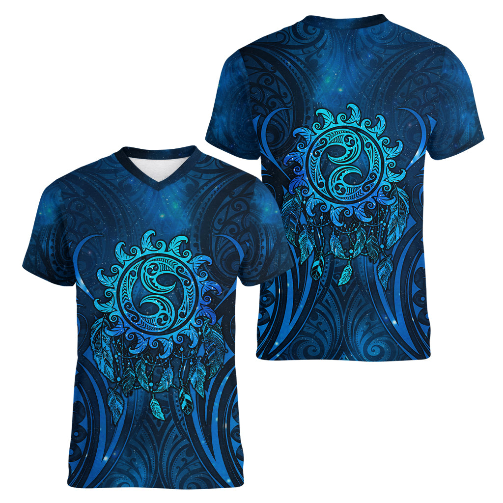 New Zealand Dream Catcher Women V-Neck T-Shirt Maori Koru Pattern Blue Version