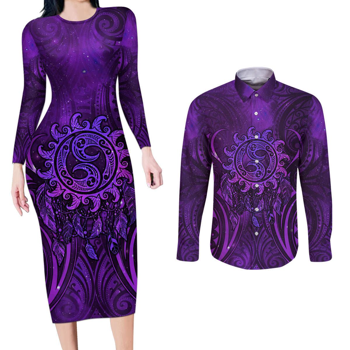 New Zealand Dream Catcher Couples Matching Long Sleeve Bodycon Dress and Long Sleeve Button Shirt Maori Koru Pattern Purple Version