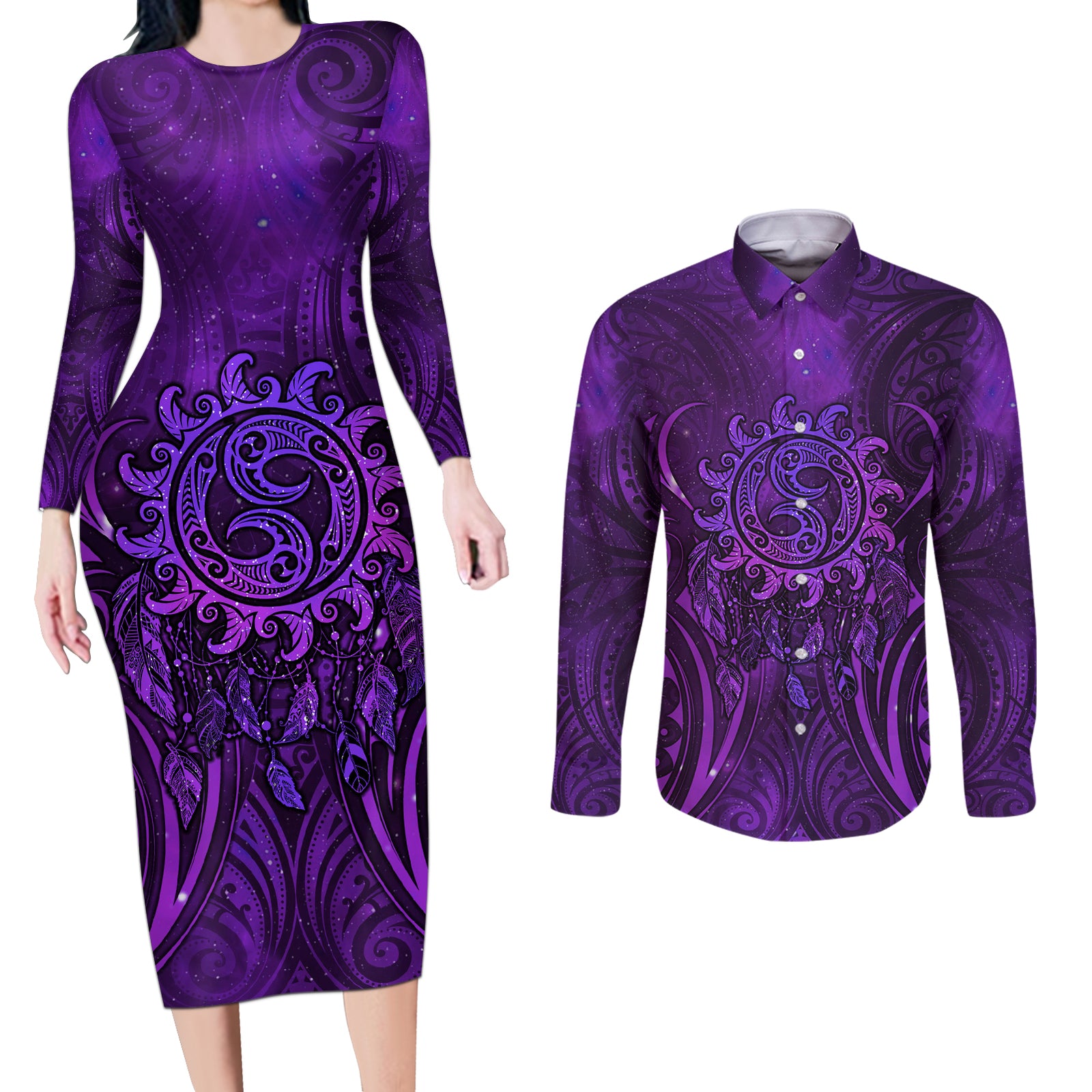 New Zealand Dream Catcher Couples Matching Long Sleeve Bodycon Dress and Long Sleeve Button Shirt Maori Koru Pattern Purple Version