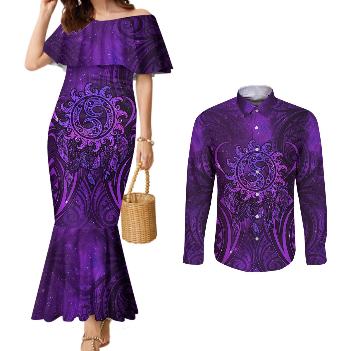 New Zealand Dream Catcher Couples Matching Mermaid Dress and Long Sleeve Button Shirt Maori Koru Pattern Purple Version