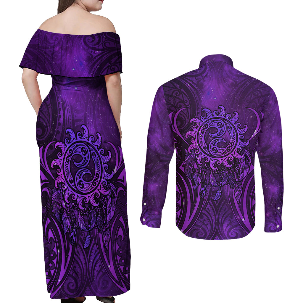 New Zealand Dream Catcher Couples Matching Off Shoulder Maxi Dress and Long Sleeve Button Shirt Maori Koru Pattern Purple Version