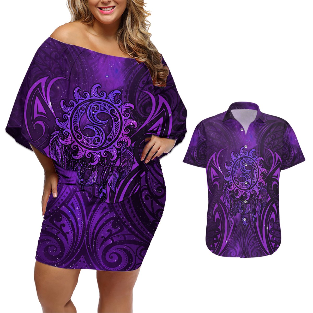 New Zealand Dream Catcher Couples Matching Off Shoulder Short Dress and Hawaiian Shirt Maori Koru Pattern Purple Version