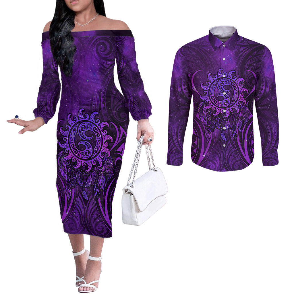 New Zealand Dream Catcher Couples Matching Off The Shoulder Long Sleeve Dress and Long Sleeve Button Shirt Maori Koru Pattern Purple Version