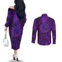 New Zealand Dream Catcher Couples Matching Off The Shoulder Long Sleeve Dress and Long Sleeve Button Shirt Maori Koru Pattern Purple Version