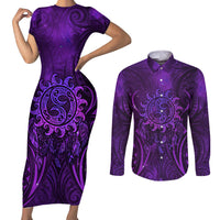 New Zealand Dream Catcher Couples Matching Short Sleeve Bodycon Dress and Long Sleeve Button Shirt Maori Koru Pattern Purple Version