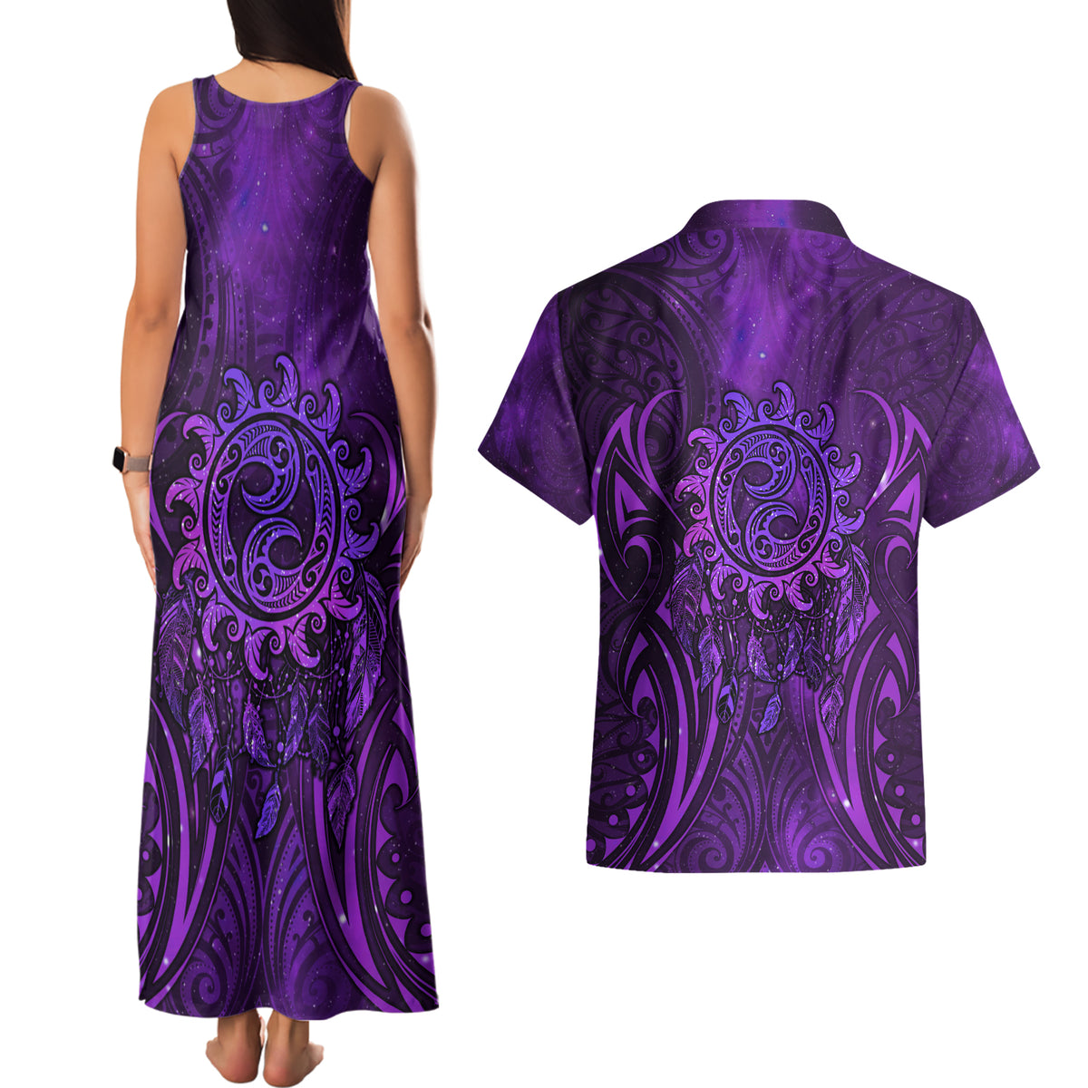 New Zealand Dream Catcher Couples Matching Tank Maxi Dress and Hawaiian Shirt Maori Koru Pattern Purple Version