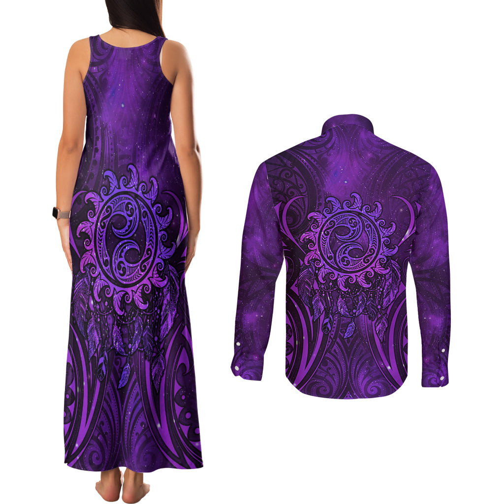 New Zealand Dream Catcher Couples Matching Tank Maxi Dress and Long Sleeve Button Shirt Maori Koru Pattern Purple Version