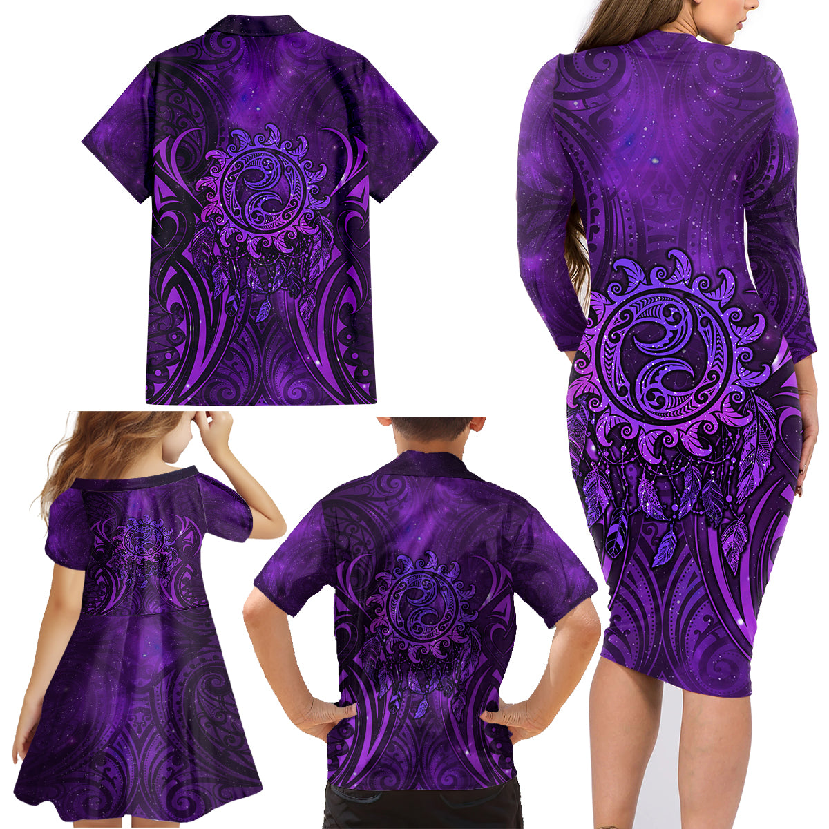 New Zealand Dream Catcher Family Matching Long Sleeve Bodycon Dress and Hawaiian Shirt Maori Koru Pattern Purple Version