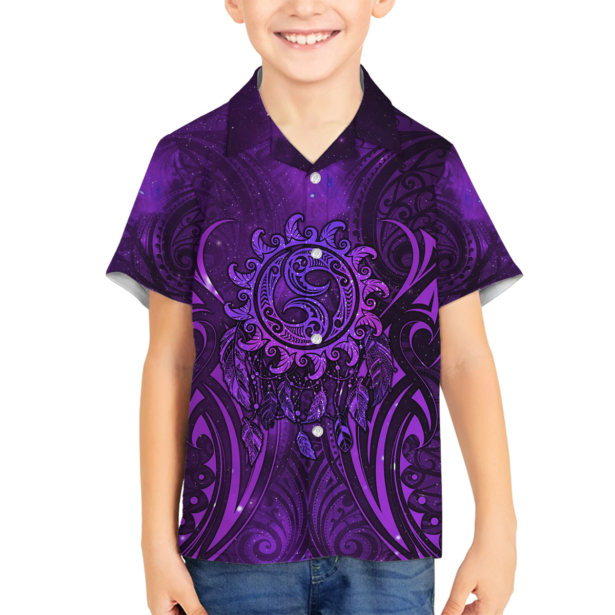 New Zealand Dream Catcher Family Matching Long Sleeve Bodycon Dress and Hawaiian Shirt Maori Koru Pattern Purple Version