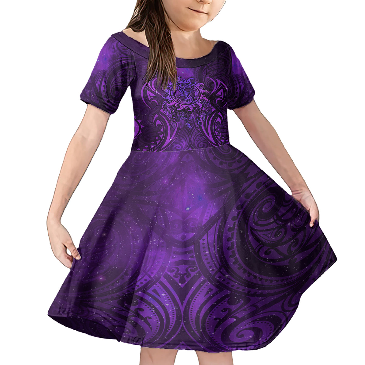 New Zealand Dream Catcher Family Matching Short Sleeve Bodycon Dress and Hawaiian Shirt Maori Koru Pattern Purple Version