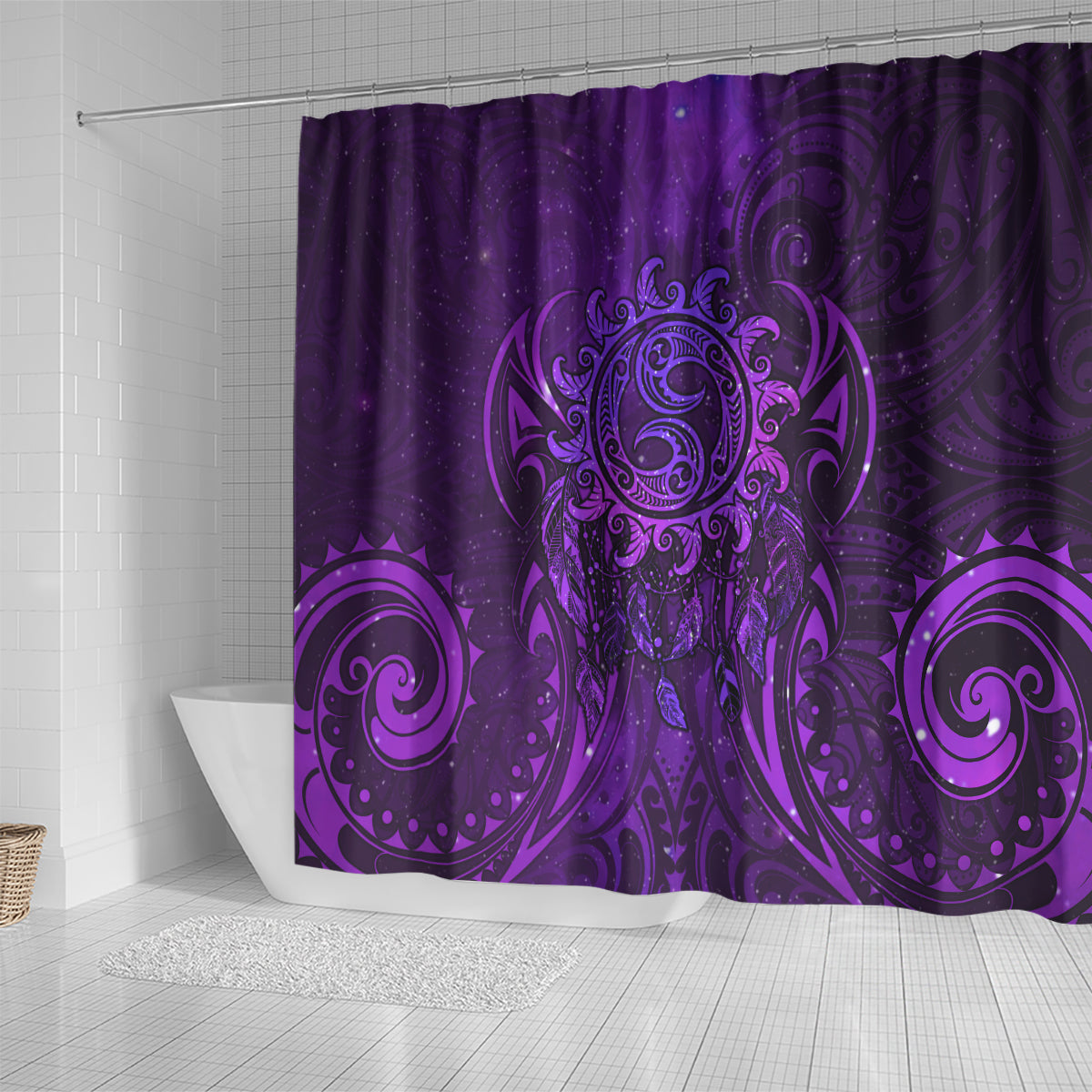 New Zealand Dream Catcher Shower Curtain Maori Koru Pattern Purple Version