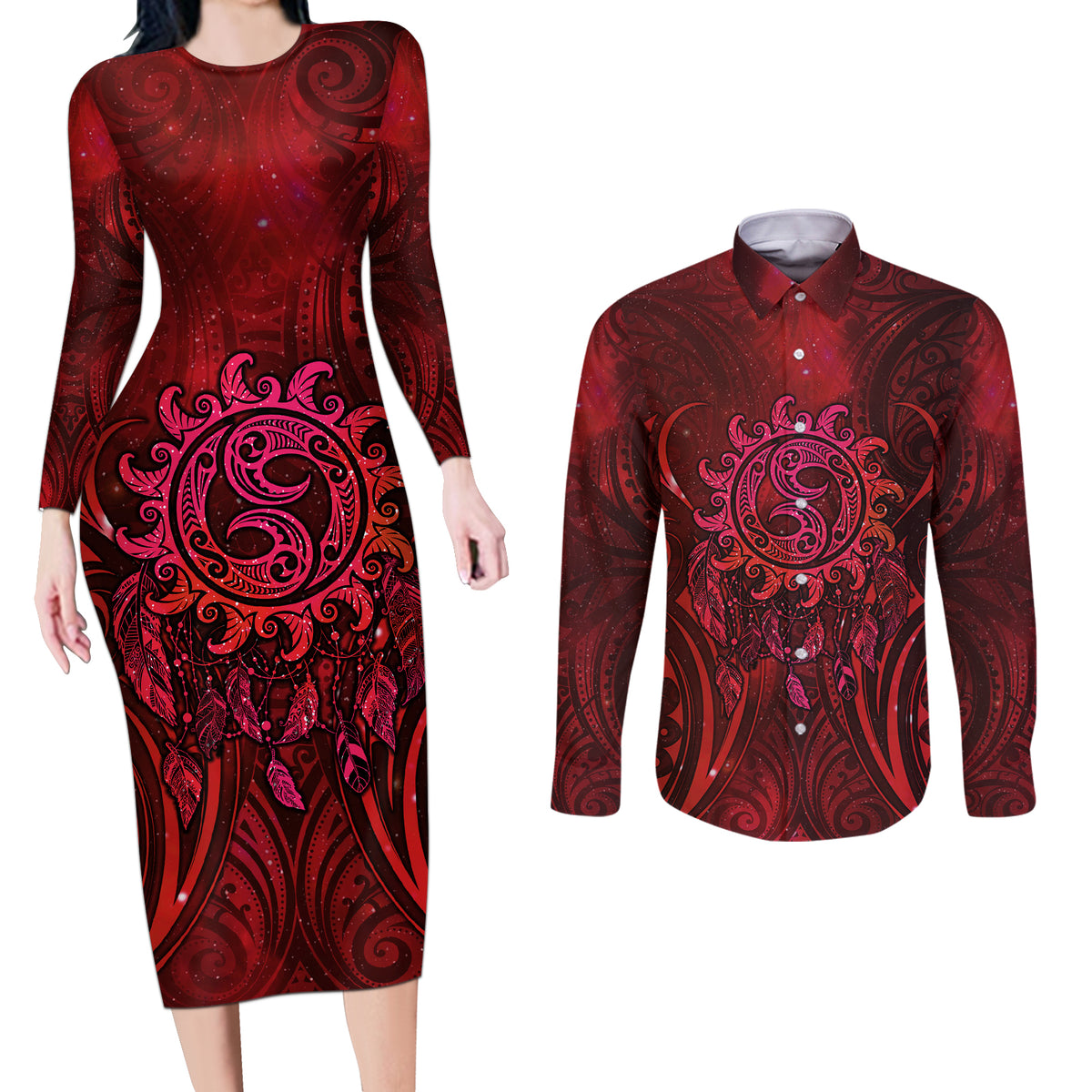 New Zealand Dream Catcher Couples Matching Long Sleeve Bodycon Dress and Long Sleeve Button Shirt Maori Koru Pattern Red Version