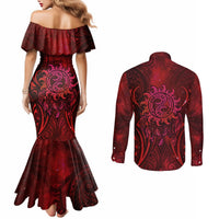 New Zealand Dream Catcher Couples Matching Mermaid Dress and Long Sleeve Button Shirt Maori Koru Pattern Red Version