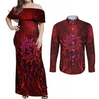 New Zealand Dream Catcher Couples Matching Off Shoulder Maxi Dress and Long Sleeve Button Shirt Maori Koru Pattern Red Version